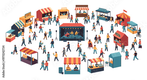 Numerous people attend a bustling outdoor street festival with food stalls and a live band on stage.