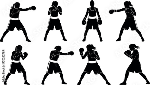 Female Boxer Silhouette Set with Various Fighting Poses Training Actions and Athletic Stances for Combat Sports Design and Fitness Graphics