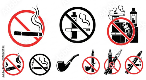 No smoking symbols prohibition signs for cigarettes vapes and pipes on white background