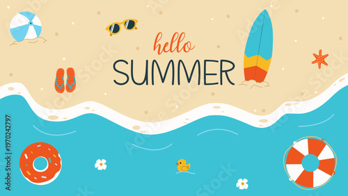 Hello, summer beach vacation! Background with sea waves, a surfboard, and travel elements. Beach and sea with sand, flip-flops, "Hello Summer" background, sunglasses, and seashore vector design.