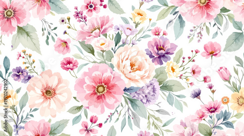 Colorful garden flowers arranged in a repeating pattern with gentle artistic watercolor textures