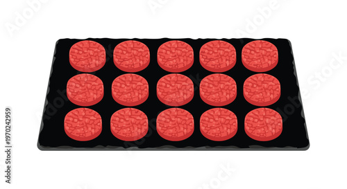 Fifteen perfectly circular raw red beef burger patties are meticulously arranged in three rows on a textured black slate board over a white background.