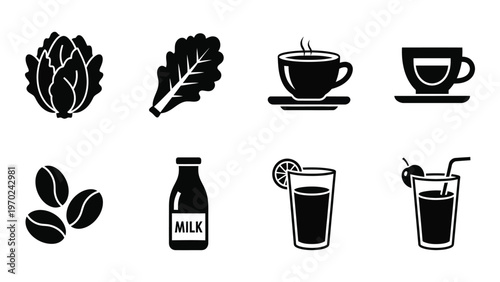 A collection of black silhouette icons depicting food and beverages including vegetables coffee and fruit silhouette high quality professional detailed modern