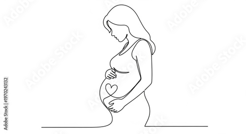 Pregnant woman cradling belly with heart symbol representing love and anticipation in a simple line drawing