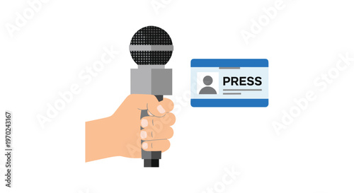 A hand holds a grey microphone next to a blue press identification card on a plain white background.