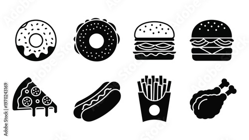 A collection of fast food items including burgers donuts pizza hotdogs and fried chicken silhouette high quality professional detailed modern elegant