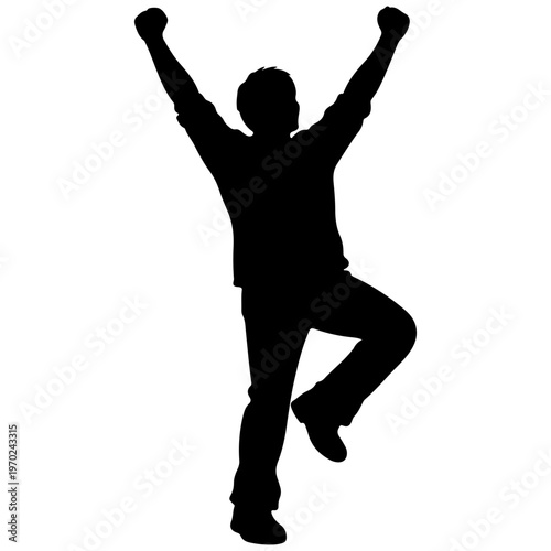 Silhouette of a triumphant person celebrating with arms raised against white background