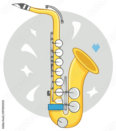 Yellow Cartoon Saxophone on Grey Circle Background with Sparkles Music Instrument