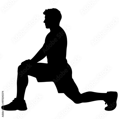 Man silhouette performing a deep lunge stretch for fitness and exercise