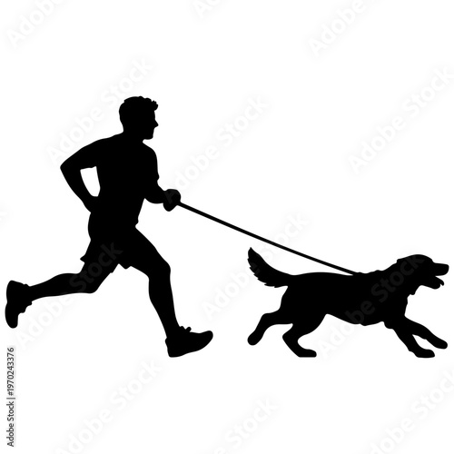 Man Running with Dog Silhouette on Leash, Outdoor Activity