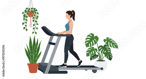 A woman with a ponytail walks on a treadmill surrounded by three green potted houseplants on a white background.
