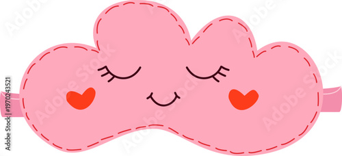 Cute pink cloud-shaped sleep mask with a sleeping face vector illustration. Pajama party concept. Kawaii eye mask with a smiling face and hearts on the cheeks, isolated on a white background.