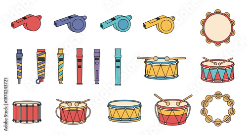 A diverse collection of cartoon-style musical instruments, including whistles, flutes, drums, and tambourines, is neatly arranged in rows.
