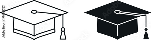 Minimalist Graduation Cap Vector Set Featuring Outline and Solid Mortarboard Icons for Education Academic Achievement and University Commencement Celebration Graphics