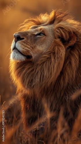 A majestic close-up portrait of a wild male lion featuring its powerful head and golden mane as the king of feline predators in nature