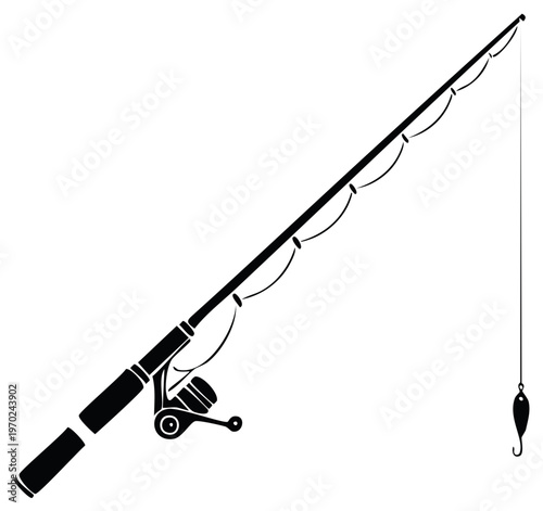 Spinning fishing rod with reel and lure black and white graphic icon