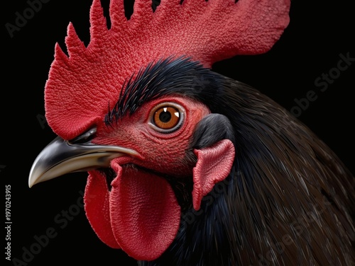 A striking portrait of a domestic red cockerel with a vibrant comb and white feathers, showcasing a close-up of the bird's head and beak isolated on a black background