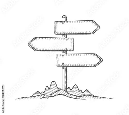Hand drawn directional signpost with blank signs hilly terrain wooden