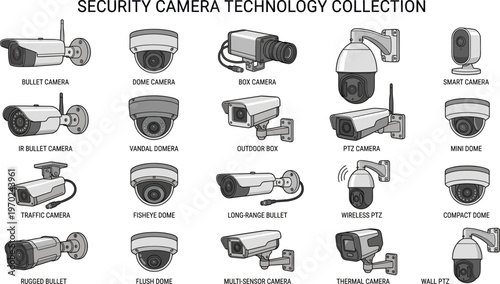 Security camera technology collection, CCTV surveillance system icons, dome bullet and PTZ monitoring equipment, isolated.
