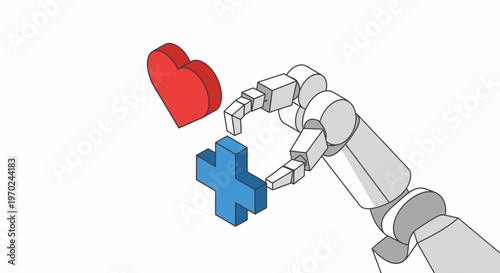 Robotic Arm Holding a Medical Cross with a Heart Icon - AI Healthcare and Automation Concept Illustration in Isometric Style on White Background