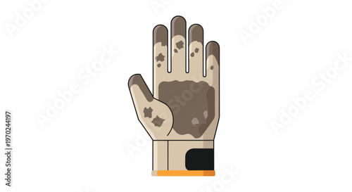 A tan protective work glove is covered in dark brown mud stains and thick dirt splatters across the palm and fingers against a plain white background.