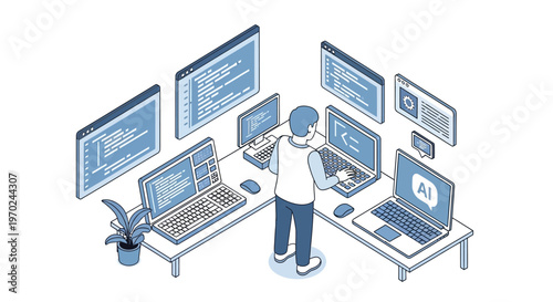 Isometric Software Developer Working with Artificial Intelligence and Multi-Monitor Setup