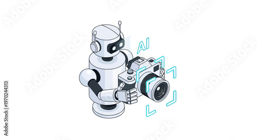 Isometric Robot Holding Camera with AI Text Overlay - Artificial Intelligence in Photography and Computer Vision Concept