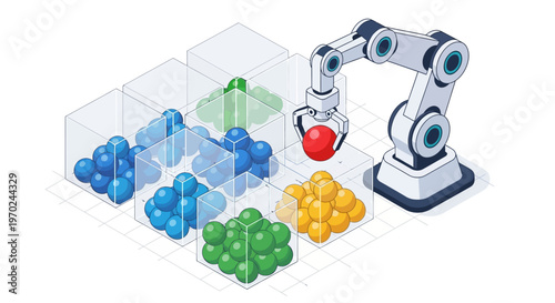 Isometric Robotic Arm Sorting Colored Spheres, Automation and AI Data Processing Concept Illustration