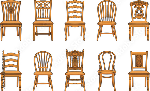 Wooden dining chair vector set, vintage furniture icons, classic timber seat collection, isolated on white.