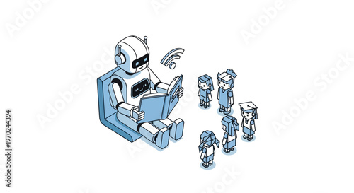 Isometric AI Robot Teacher Reading a Book to a Group of School Children, Futuristic Education and EdTech Illustration