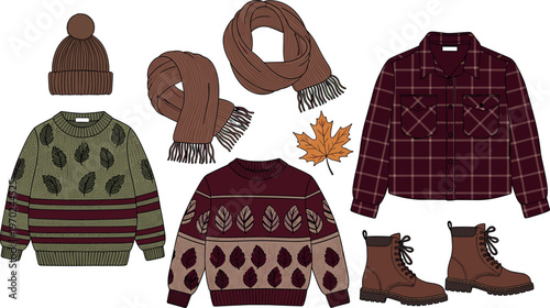 Autumn fashion vector illustration set with cozy sweaters, scarf, beanie hat, boots and plaid shirt fall seasonal clothing collection