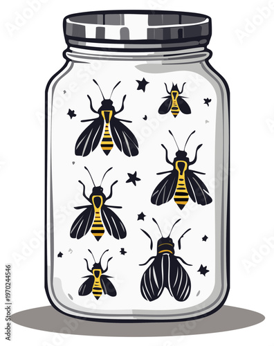Six glowing fireflies and stars captured inside a clear glass jar with a metal lid