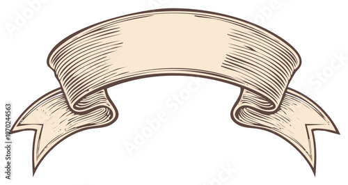 Elegant curved ribbon banner design, beige vector illustration with vintage scroll styling and decorative tails