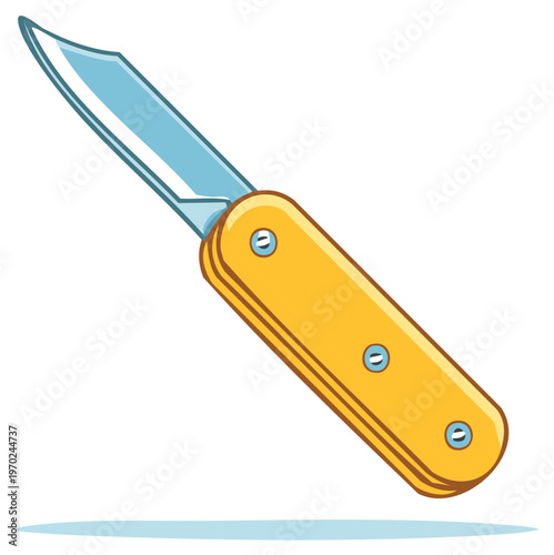 Yellow handle folding knife cartoon style illustration