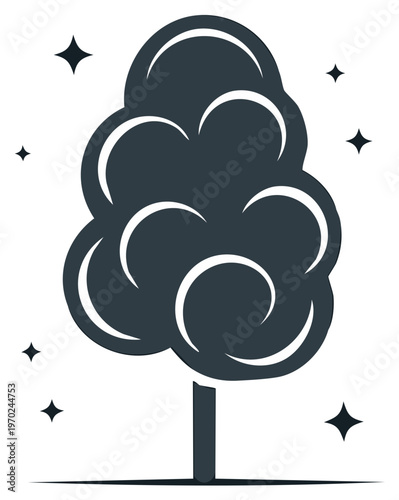 Stylized dark gray cotton candy on stick with sparkles surrounding it