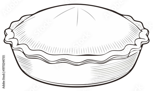 Line drawing of a covered pie with crimped crust for culinary and cooking concepts.