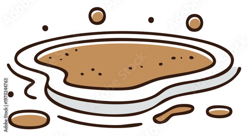 Stylized illustration of overflowing bowl, droplets and spills, isolated brown and white