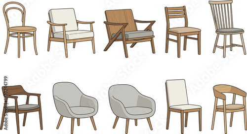 Modern wooden chair vector set, scandinavian furniture icons, minimalist armchair collection, isolated on white.