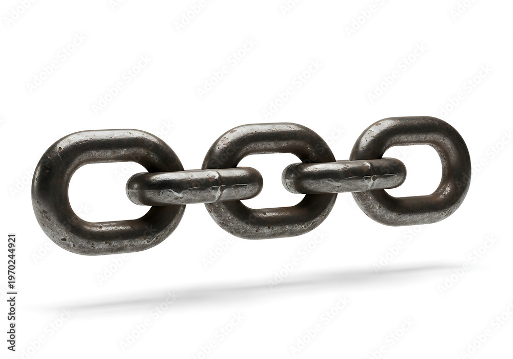 Fototapeta premium Three old metal chain links connected together on white background