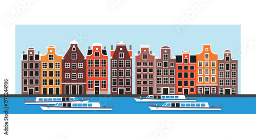 A straight row of twelve illustrated gabled Dutch houses lines a bright blue canal with four white and blue tour boats.