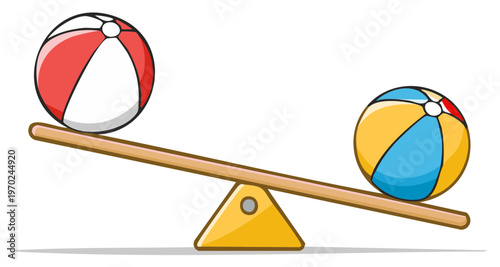 Cartoon seesaw demonstrates weight comparison between two colorful beach balls