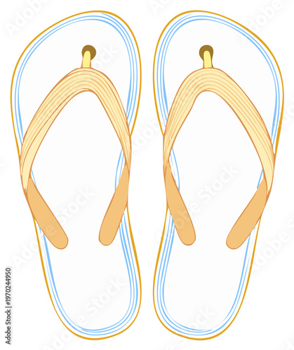 Pair of cartoon flip flops on white background. Isolated summer footwear.