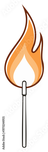 Simple illustration of a match stick that is lit and burning with an orange flame, fire hazard