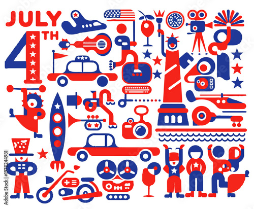 July 4th Independence Day vector icons, patriotic American holiday symbols in red and blue, United States celebration elements for Fourth of July events, retro style Americana graphics