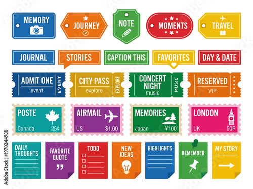 Colorful and bold modern flat vector scrapbook collection featuring diverse tags, tickets, and notes for documenting life's moments.
