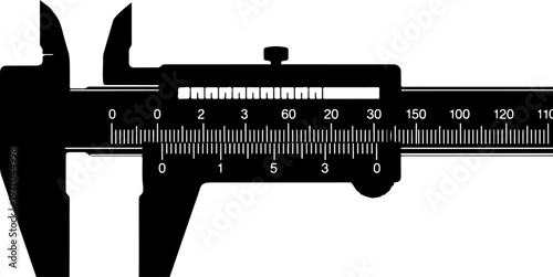 Vintage-style vernier caliper, precision measurement tool, black silhouette, ruler gauge, vernier caliper, precision measurement, ruler gauge, measuring tool, silhouette, black, vintage, industrial, e