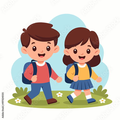 Two happy children walking with backpacks to school with the children appear