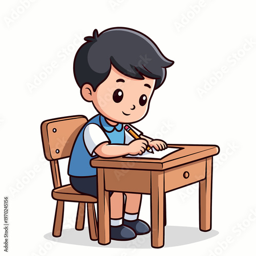 Student boy writing on paper at wooden desk with illustration captures