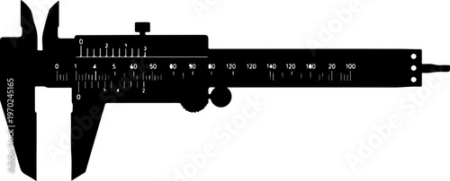 Vintage-style vernier caliper, precision measurement tool, black silhouette, ruler gauge, vernier caliper, precision measurement, ruler gauge, measuring tool, silhouette, black, vintage, industrial, e
