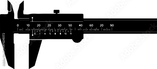 Vintage-style vernier caliper, precision measurement tool, black silhouette, ruler gauge, vernier caliper, precision measurement, ruler gauge, measuring tool, silhouette, black, vintage, industrial, e